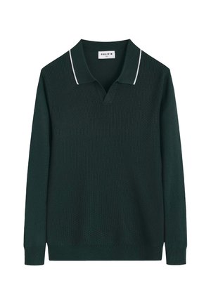Polo en maille à manches longues vert foncé avec un panneau avant texturé et un liseré blanc au col, présenté sur fond blanc.