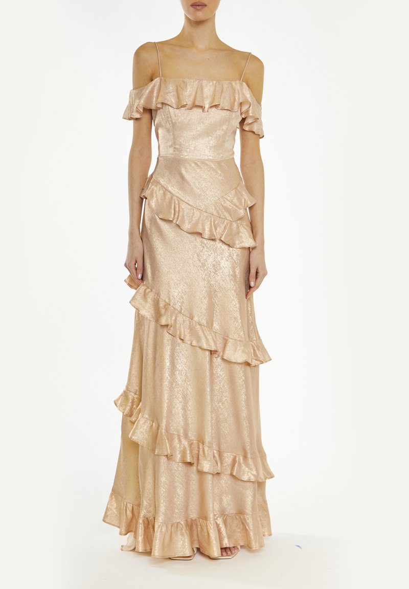 True Decadence COLD SHOULDER RUFFLE - Iltapuku - metallic copper