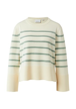 Pull crème à rayures horizontales vert clair, avec poignets et ourlet côtelés, col rond et manches longues.