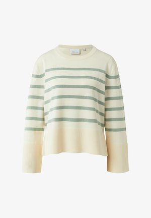 Pull crème à rayures horizontales vert clair, avec poignets et ourlet côtelés, col rond et manches longues.