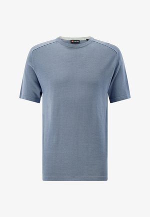 Kurzärmeliges Strickshirt mit Rundhalsausschnitt in Hellblau, mit einer einfachen, glatten Textur und regulärer Passform.