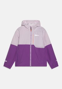 Veste violette et lilas avec capuche, fermeture éclair, poignets élastiques et accents réfléchissants. Fabriquée à partir d'un matériau léger et résistant à l'eau.