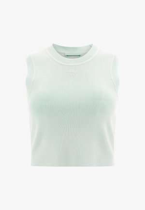Svijetlozelena majica bez rukava s rebrastom teksturom i okruglim izrezom, koja sadrži suptilni trokutasti logo na prsima.