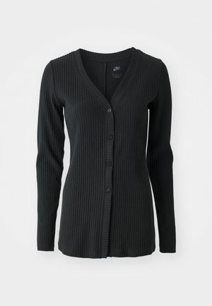 Juodas raibu kardiganas su V formos iškirpte, ilgomis rankovėmis ir priekyje su penkiomis mygtukais. Pagamintas iš tekstūruotos medžiagos.