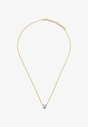 Delikatny złoty naszyjnik z łańcuszka z małym, prostokątnym wisiorkiem, ozdobionym przezroczystymi kryształami po obu stronach.