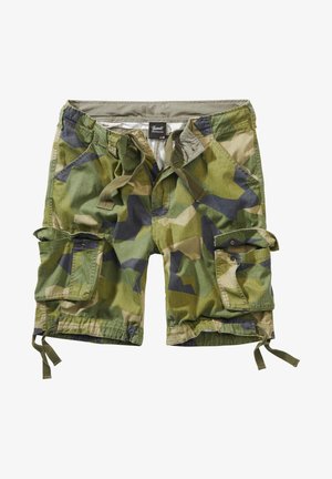 Armijos žaliai kamufliažo šortai su keliais krovininiais kišenėmis, reguliuojamu raišteliu juosmenyje ir minkšta tekstūra. Elastinga apačia.