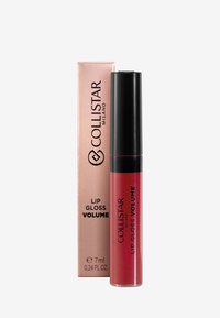 Collistar Lip Gloss Volume i en klar tube med en sort hætte, der indeholder en lys pink nuance. Emballagen er en lyserød-guldboks med sort tekst.