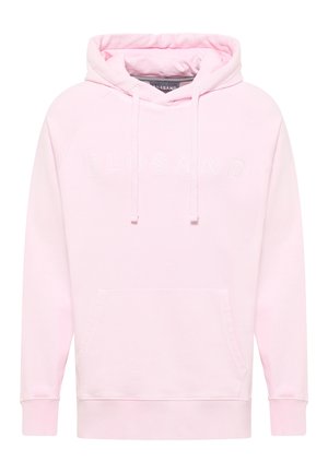 Rosa Kapuzenpullover aus weichem Stoff, mit einer vorderen Kängurutasche, einer Kordelzugkapuze und geprägten Textdetails auf der Brust.