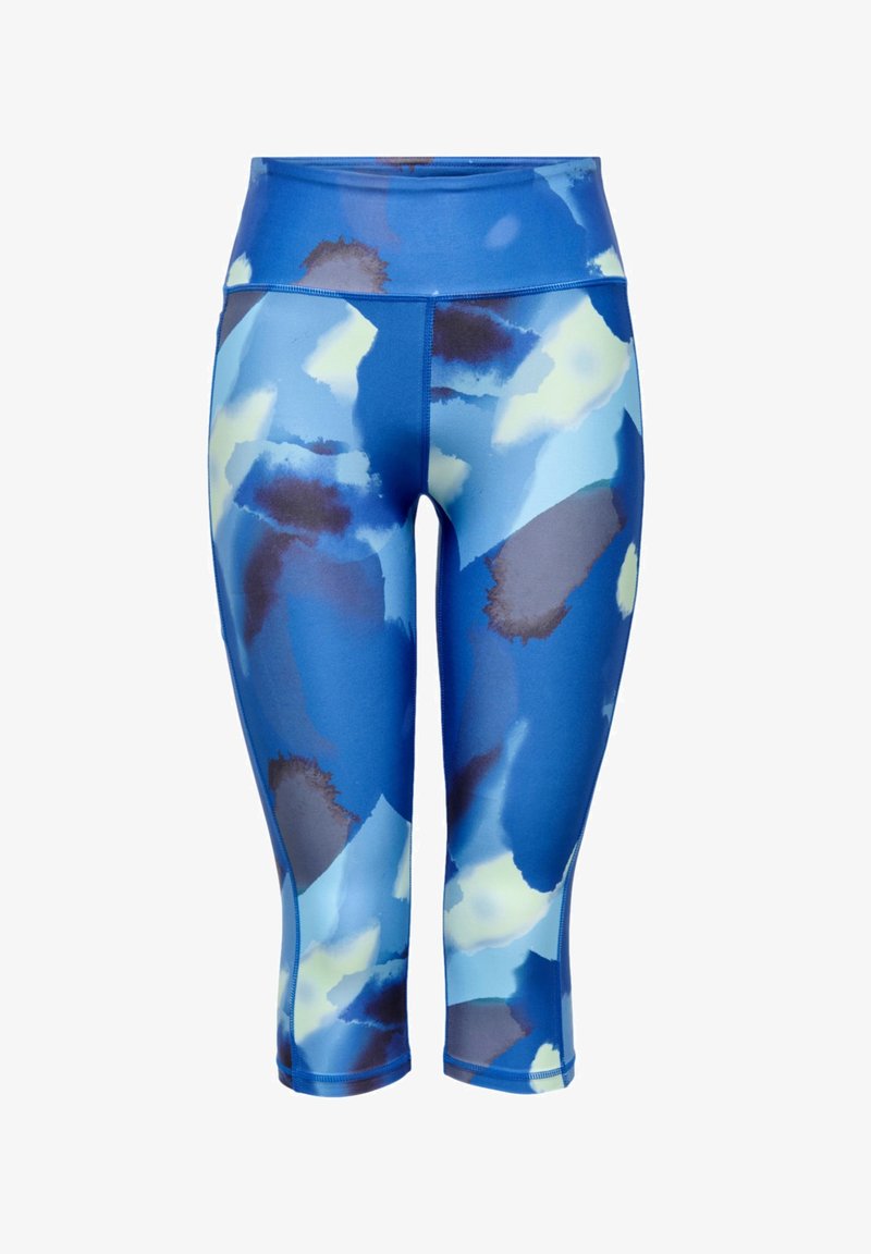 Leggings Capri bleus à taille haute avec un motif abstrait en taches dans des tons de bleu clair, bleu marine, gris et jaune pâle.