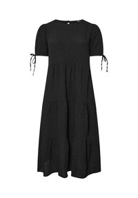 Svart klänning i texturerad tyg, med korta puffärmar, knyt-detaljer vid mudden, rund halsringning och en lager-på-lager-design.