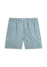 Schwimmshorts aus einem blau-grünen Stoff, mit einem Fischgrätenmuster, elastischem Bund mit Kordelzug und einer Länge bis zur Mitte des Oberschenkels.
