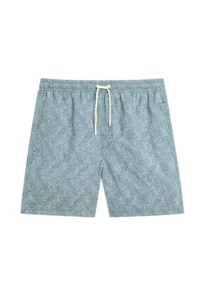 Lässig geschnittene Badeshorts in Hellblau mit Chevron-Muster, elastischem Bund und Kordelzug. Hergestellt aus leichtem, schnell trocknendem Material.