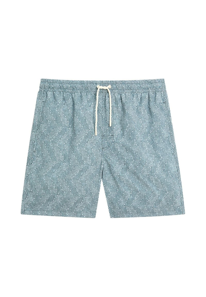Shorts de bain à coupe décontractée en bleu clair avec un motif en chevrons, taille élastique et cordon de serrage. Fabriqués en tissu léger et à séchage rapide.