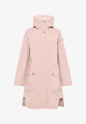 Lichtroze regenjas met capuchon, voorste drukknopen, twee grote klepzakken en zijsplitsingen aan de zoom.