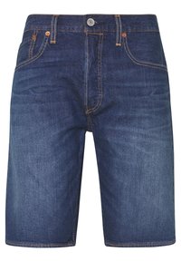 Tummansiniset farkkushortsit klassisella leikkauksella, joissa kaksi etutaskua, yksi takatasku ja saumoissa kontrastivärinen ompelu.