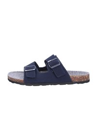 Infradito blu navy con due fibbie regolabili, tomaia sintetica texturizzata, soletta in sughero e suola in gomma per una migliore aderenza.