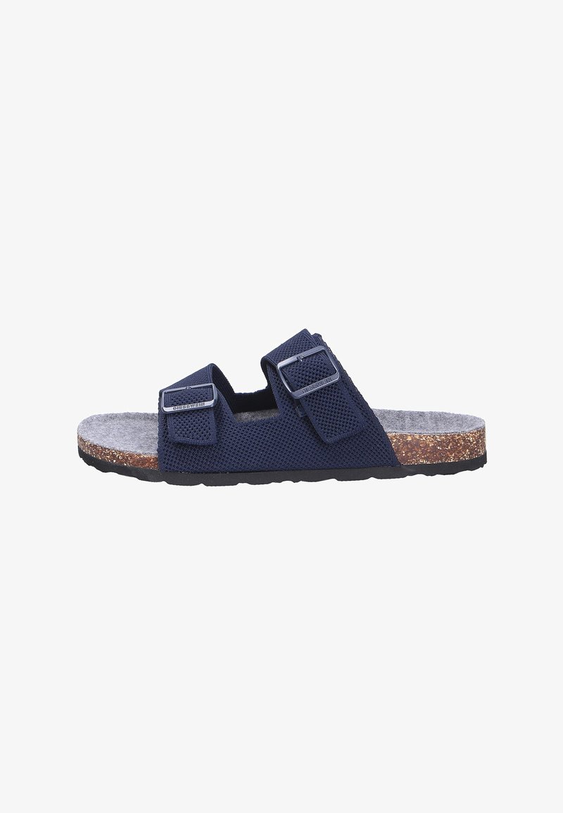 Infradito blu navy con due fibbie regolabili, tomaia sintetica texturizzata, soletta in sughero e suola in gomma per una migliore aderenza.