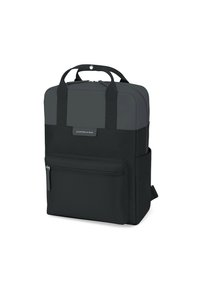 Černý batoh s šedými akcenty, vyrobený z odolné tkaniny. Disponuje dvojitými madly, zipovou přední kapsou a elegantním obdélníkovým designem.