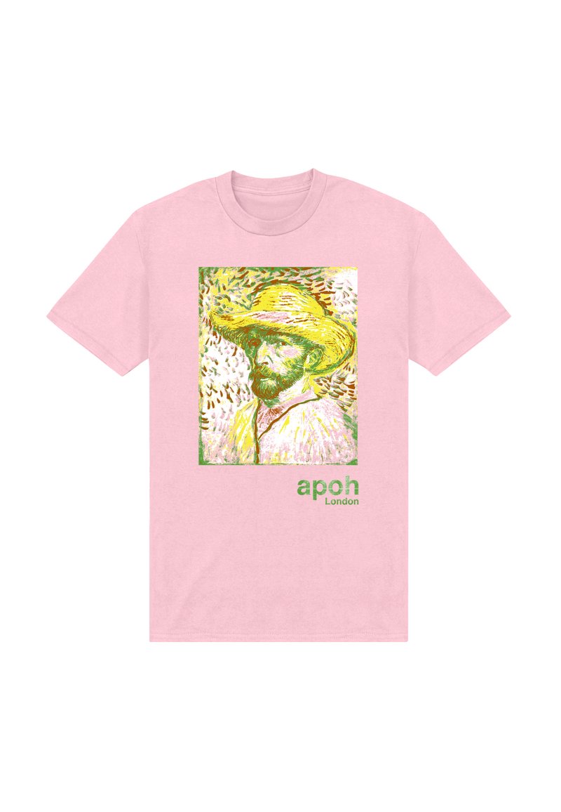 Różowa bawełniana koszulka z nadrukowanym portretem w żółtej słomkowej kapeluszu i zielonymi akcentami, oznaczona napisem "apoh London" na dole.