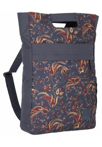 Textilrucksack in Dunkelgrau mit floralen Mustern in Rot und Gelb. Verfügt über einen oberen Griff und einen abnehmbaren Schultergurt.