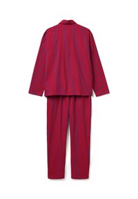 Sada dlouhého rukávu a kalhot s vertikálními pruhy v červené a fialové barvě, zobrazená zezadu na bílém pozadí.