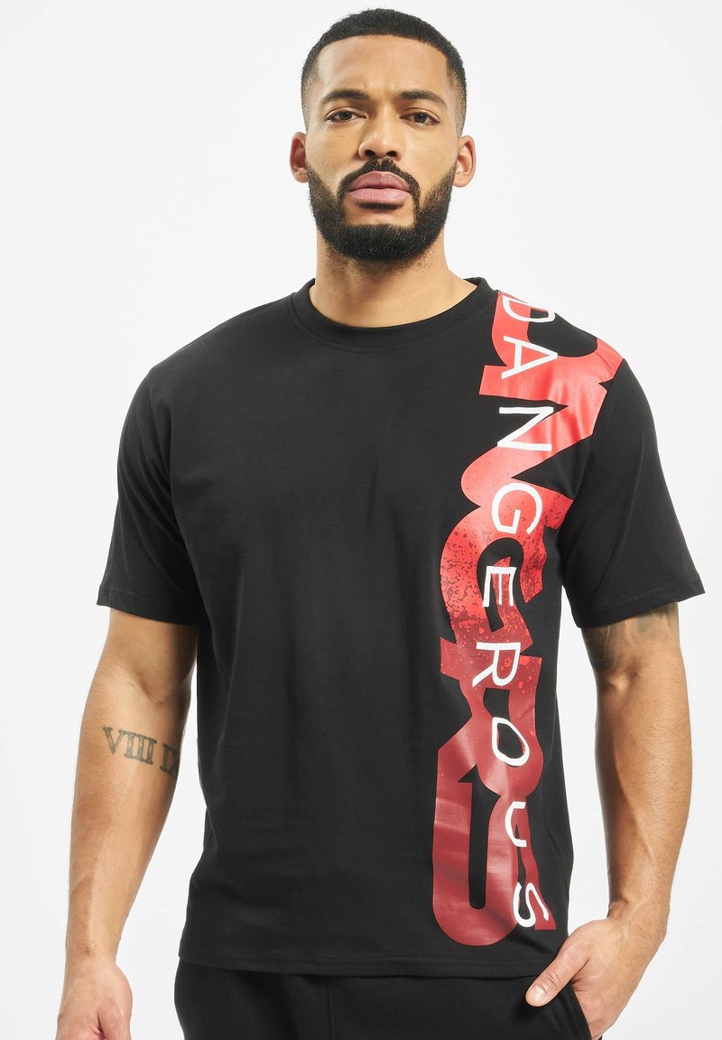 Black cotton t-shirt featuring a large red graphic with the word "DANGEROUS" vertically printed on one side. Short sleeves and round neckline.