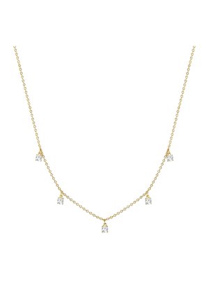 Collana in oro con cinque piccole cristalli trasparenti distribuiti uniformemente lungo la lunghezza, caratterizzata da un design di delicate maglie e una texture liscia.