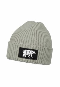 Light gray rib-knit beanie with folded cuff featuring a black patch displaying a white geometric bear design.