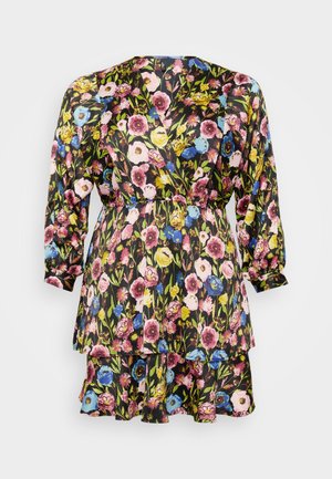 Floral dress featuring a black background with multicolored flowers in pink, blue, and yellow. V-neck, long sleeves, and layered ruffle hem.