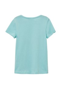 T-shirt à manches courtes bleu clair, col rond, tissu doux, design uni, sans motifs ni accents visibles, coupe standard.
