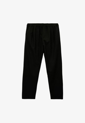 Schwarze, elastische Hose mit geradem Beinschnitt. Hergestellt aus einem glatten, leichten Stoff, ohne sichtbare Hardware oder Muster.