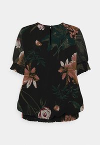 Musta pusero, jossa on kukkakuosi pinkin, valkoisen ja vihreän sävyissä. Siinä on puffihihat, käänteissä kirjailtu viimeistely ja avonainen niskalenkki.