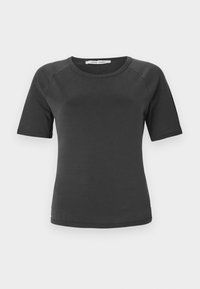Dark gray short-sleeve t-shirt with a round neckline, made of smooth fabric, featuring raglan sleeves and a minimalist design.