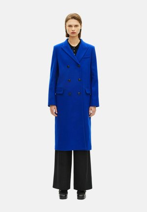 Blue wool double-breasted coat with black buttons, notch lapels, and side pockets, paired with wide black pants and black shoes.