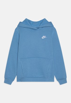 Blauer Hoodie aus weichem Material mit einer Kängurutasche, gerippten Bündchen und einem weißen Nike-Logo auf der Brust. Verfügt über eine Kapuze mit Kordelzug.