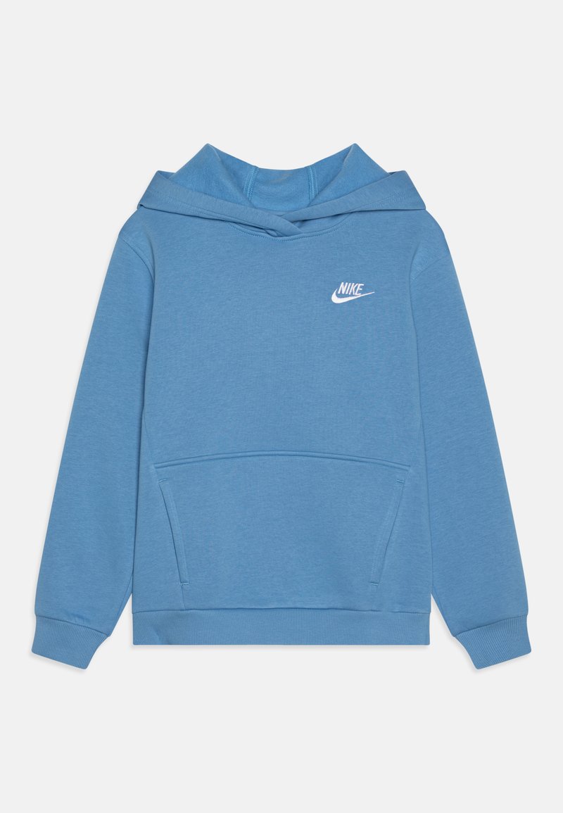 Hanorac albastru din material moale, cu buzunar tip kangaroo, manșete cordonate și logo alb Nike pe piept. Prezintă un glugă cu șnur.