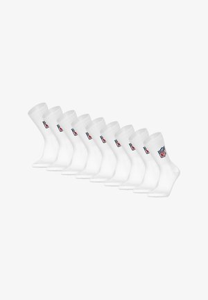 White cotton socks, featuring ribbed cuffs and logos, arranged in a row. Soft texture, mid-calf length, set of ten identical pairs.