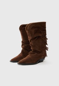 Bottes en daim marron à tige souple avec bouts pointus, dotées de franges sur le côté et d'un talon bas et large ; texture douce avec un design unique.