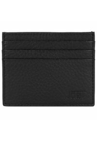 Porte-cartes en cuir noir avec une finition texturée, comportant plusieurs emplacements pour cartes et un logo embossé en bas à droite.