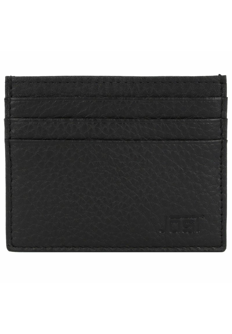 Porte-cartes en cuir noir avec une finition texturée, comportant plusieurs emplacements pour cartes et un logo embossé en bas à droite.