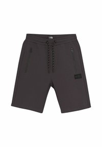 Pantaloni corti grigio carbone realizzati in tessuto morbido, con cintura regolabile, tasche laterali con zip e un logo a patch testurizzato sul davanti.