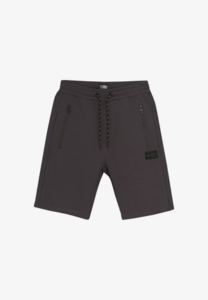 Pantaloncini sportivi grigi realizzati in materiale morbido, caratterizzati da una vita elasticizzata con coulisse a contrasto e tasche con zip su entrambi i lati.