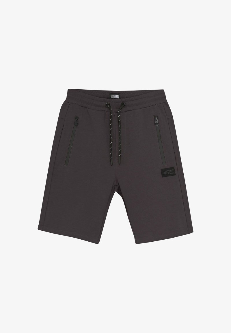 Grijze sportshorts gemaakt van zacht materiaal, voorzien van een elastische tailleband met contrasterende trekkoorden en ritssluitingen aan beide zijden.