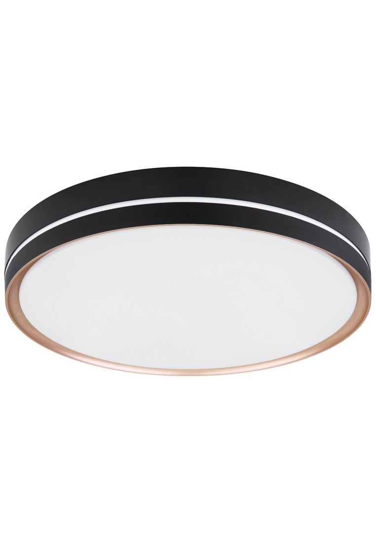 Runde Deckenleuchte mit einem schwarzen Metallrahmen, einem weißen Diffusor und einem Kupferakzentring. Glatte matte Oberfläche, elegantes modernes Design.