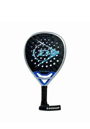Schwarzer und blauer Dunlop FX Hybrid Padel-Schläger mit perforierter Oberfläche, strukturiertem Muster und Handgelenksriemen am schwarzen Griff.