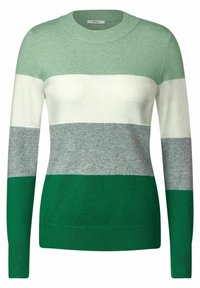 Suéter a rayas en colores verde claro, blanco, gris y verde oscuro. Confeccionado en material suave, presenta un cuello redondo y puños acanalados.