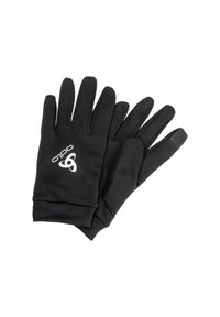 Zwarte handschoenen van zacht stof met een strakke pasvorm. Heeft een logo in het wit op de achterkant en touchscreen-compatibele vingertoppen op de wijsvinger en duim.