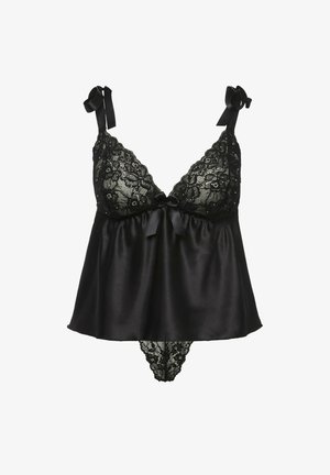 Black satin lingerie set featuring a lace bodice with adjustable straps, ribbon accents, and a delicate lace trim at the hem and back.