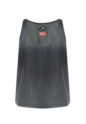 Débardeur en denim gris foncé sans manches avec encolure ronde et étiquette rouge de la marque Diesel au centre haut du dos.