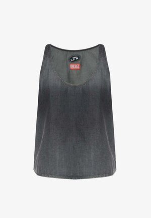 Débardeur en denim gris foncé sans manches avec encolure ronde et étiquette rouge de la marque Diesel au centre haut du dos.